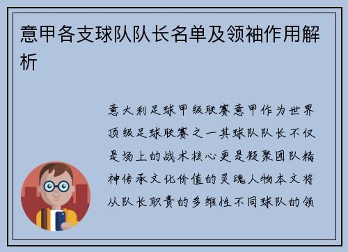 意甲各支球队队长名单及领袖作用解析