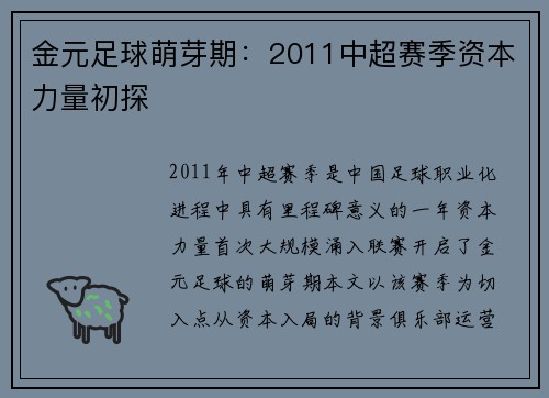 金元足球萌芽期：2011中超赛季资本力量初探