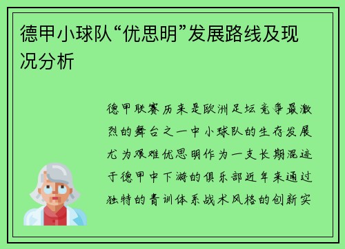 德甲小球队“优思明”发展路线及现况分析