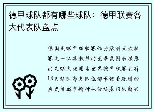 德甲球队都有哪些球队：德甲联赛各大代表队盘点